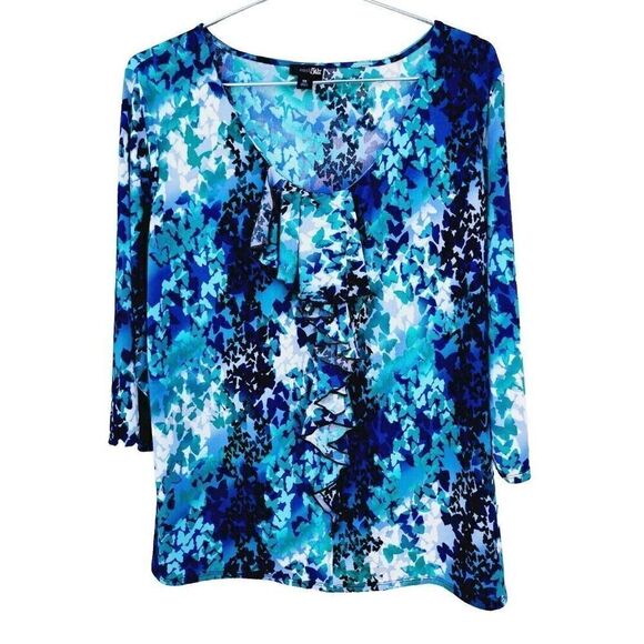East 5th Teal Blouse Ruffle Front 3/4 Sleeve Pullover Butterfly Womens Plus 1X - Picture 1 of 5
